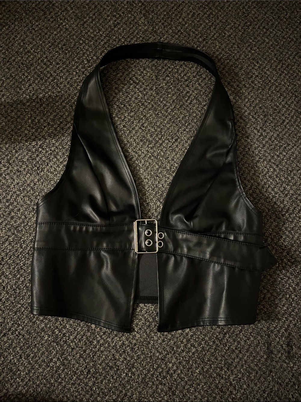 Black Faux Leather Halter Crop Top with Buckle
